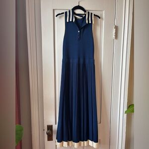 Alexis "Ciele" Blue Sleeveless Pleated Maxi Dress with Striped Collar